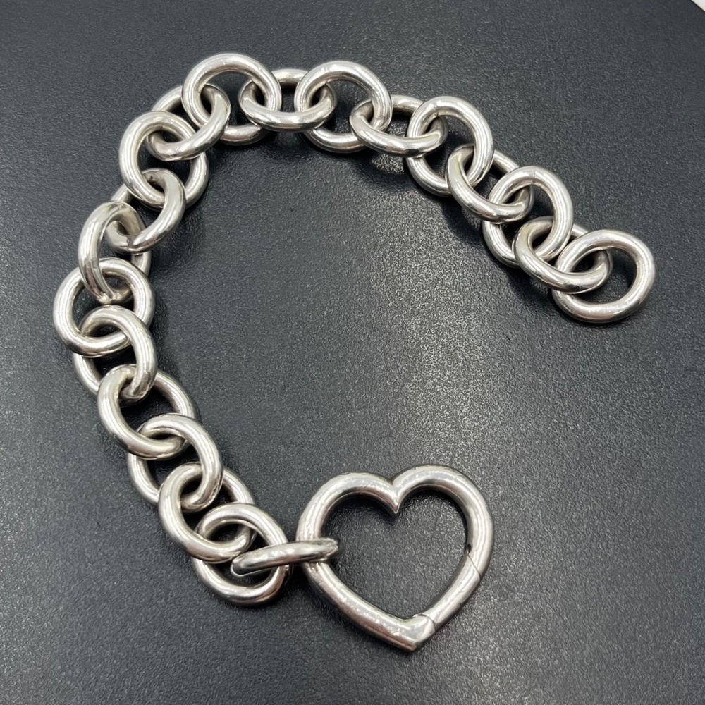 Tiffany & Co. Sterling Silver 925 Rolo Link Open Heart Clasp Chunky Bracelet